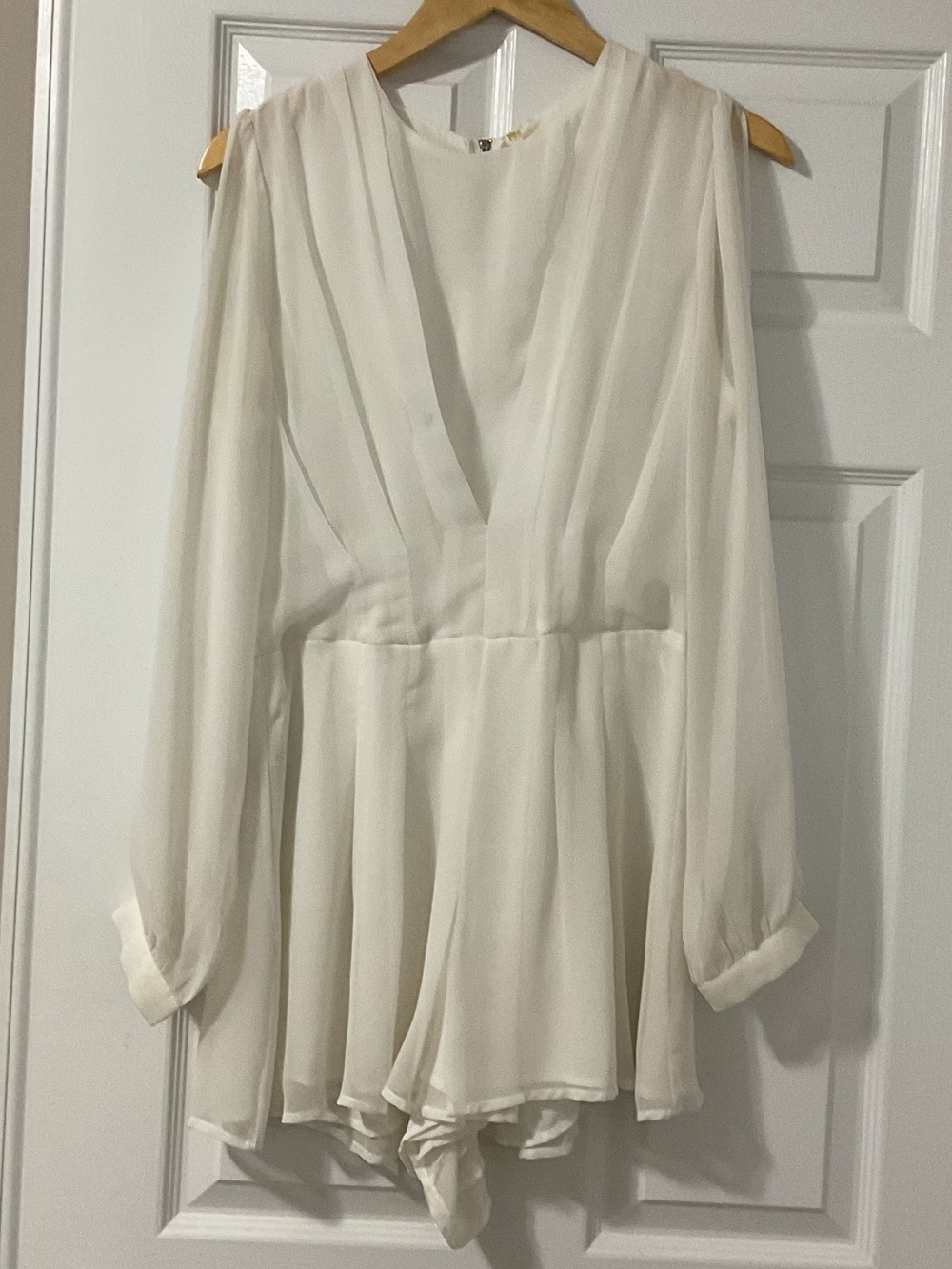 Sheer Ivory Long-Sleeve V-Neck Romper Jumpsuit